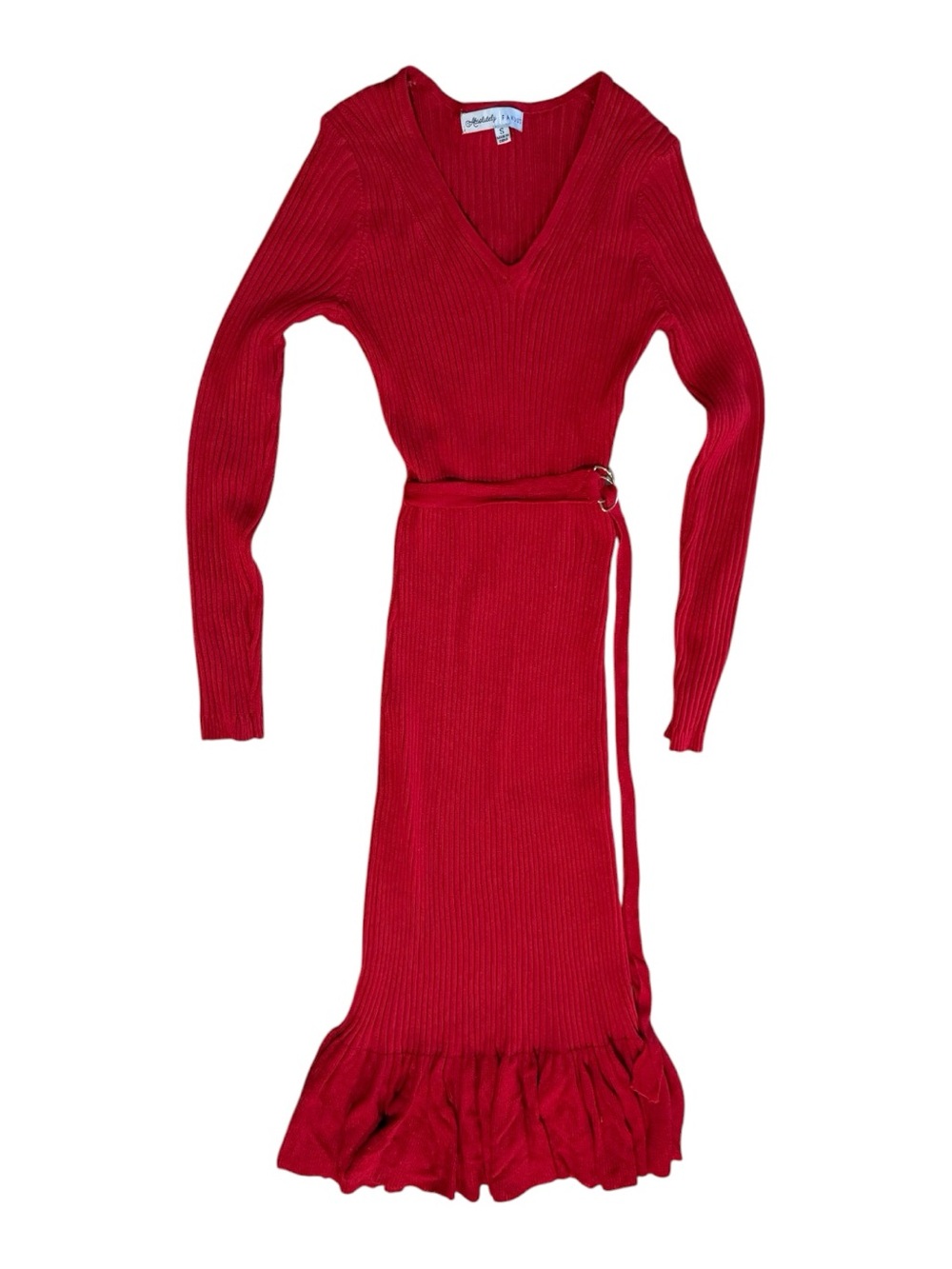 Absolutely Famous Red Ribbed V-Neck Long Sleeve Maxi Dress